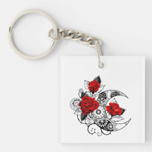 Mechanical Crescent with Red Roses Key Ring