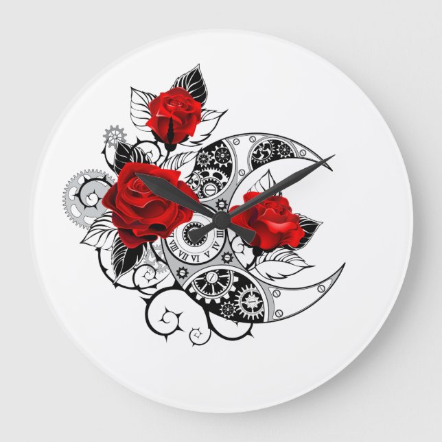 Mechanical Crescent with Red Roses Large Clock (Front)