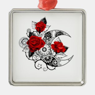 Mechanical Crescent with Red Roses Metal Ornament