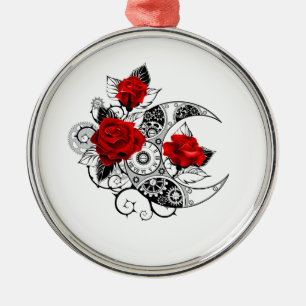 Mechanical Crescent with Red Roses Metal Ornament