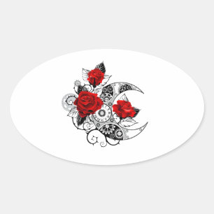 Mechanical Crescent with Red Roses Oval Sticker