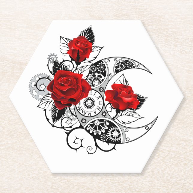 Mechanical Crescent with Red Roses Paper Coaster (Front)