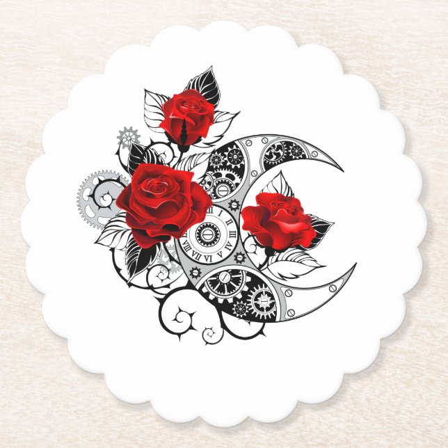Mechanical Crescent with Red Roses Paper Coaster (Front)