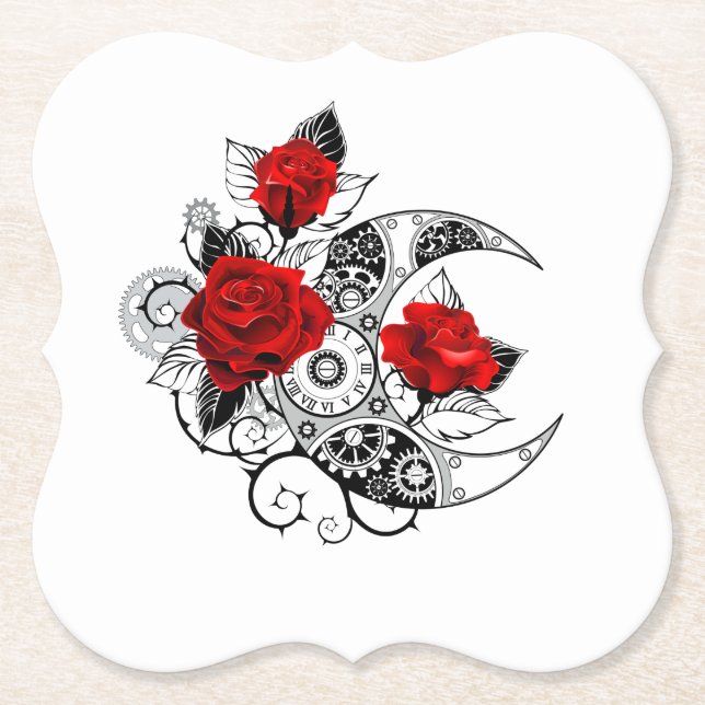 Mechanical Crescent with Red Roses Paper Coaster (Front)