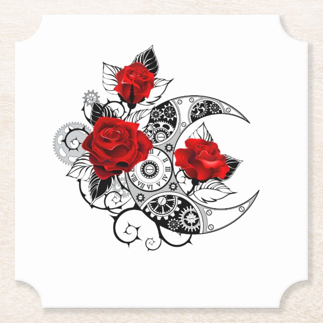 Mechanical Crescent with Red Roses Paper Coaster (Front)