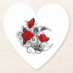 Mechanical Crescent with Red Roses Paper Coaster