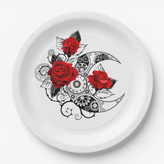 Mechanical Crescent with Red Roses Paper Plate (Front)