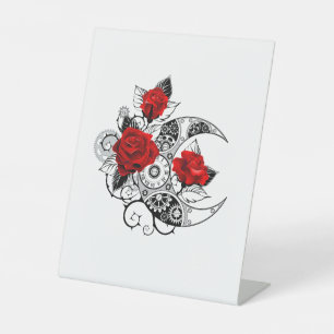 Mechanical Crescent with Red Roses Pedestal Sign