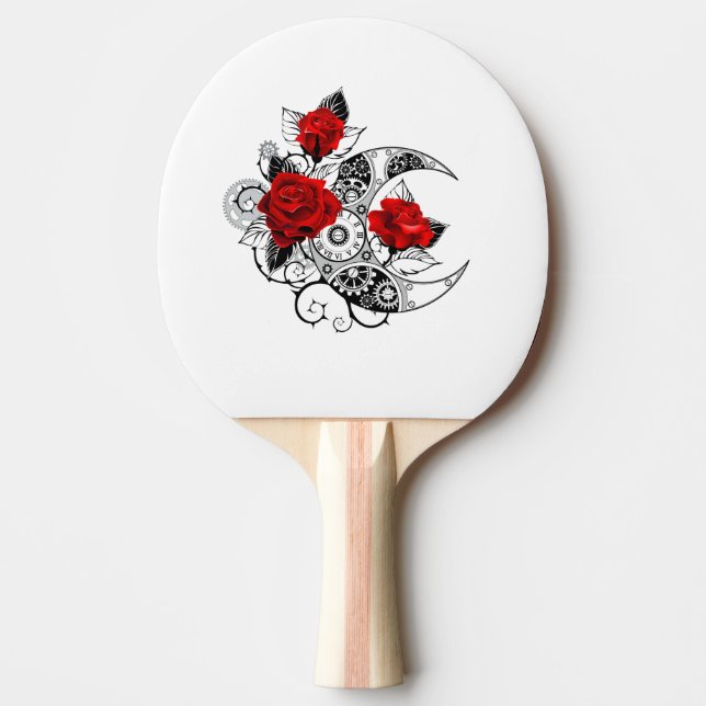 Mechanical Crescent with Red Roses Ping Pong Paddle (Front)