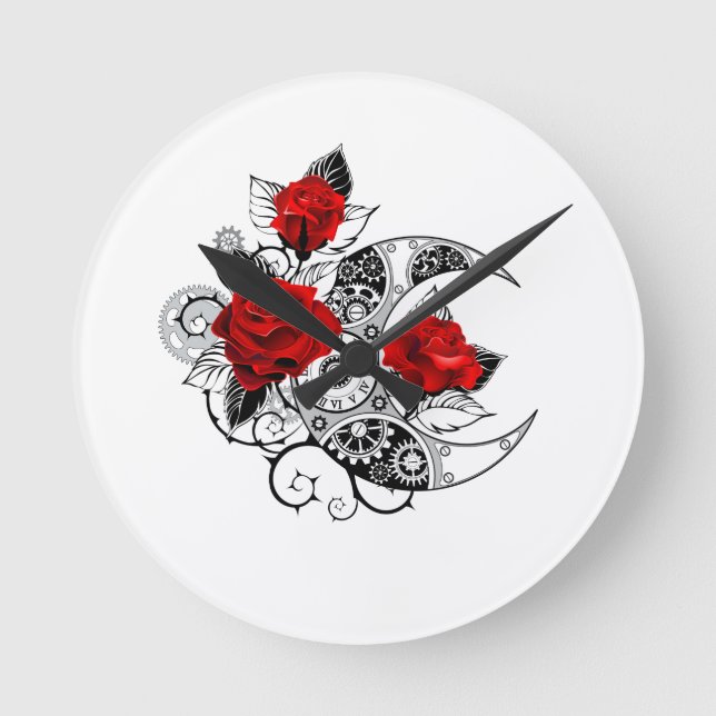 Mechanical Crescent with Red Roses Round Clock (Front)