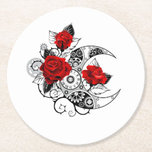 Mechanical Crescent with Red Roses Round Paper Coaster