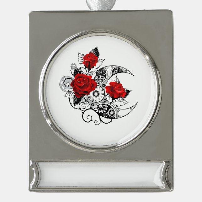 Mechanical Crescent with Red Roses Silver Plated Banner Ornament (Front)