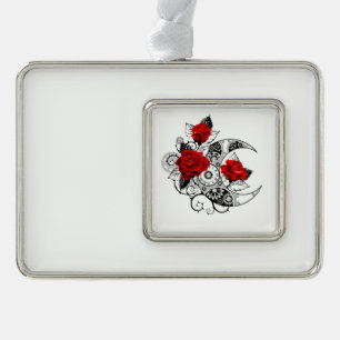Mechanical Crescent with Red Roses Silver Plated Framed Ornament
