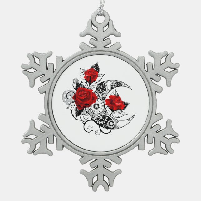 Mechanical Crescent with Red Roses Snowflake Pewter Christmas Ornament (Front)