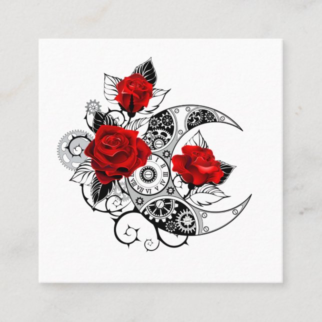 Mechanical Crescent with Red Roses Square Business Card (Front)