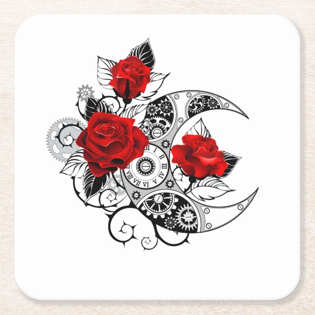 Mechanical Crescent with Red Roses Square Paper Coaster (Front)