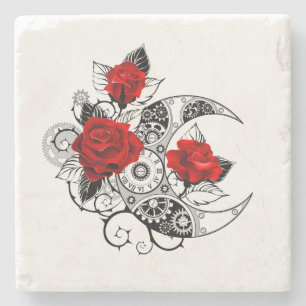Mechanical Crescent with Red Roses Stone Coaster