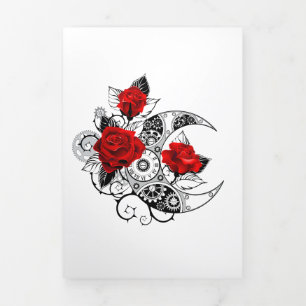 Mechanical Crescent with Red Roses Tri-Fold Holiday Card