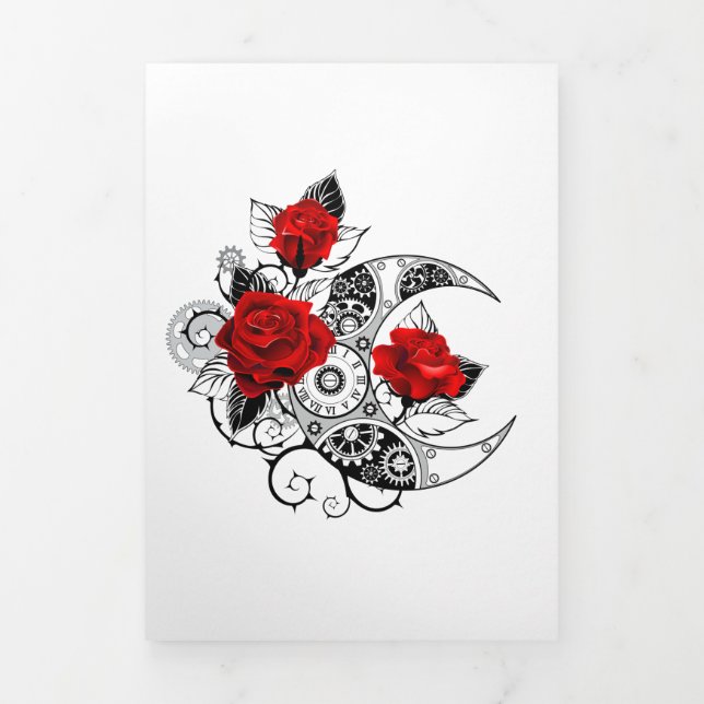 Mechanical Crescent with Red Roses Tri-Fold Holiday Card (Cover)