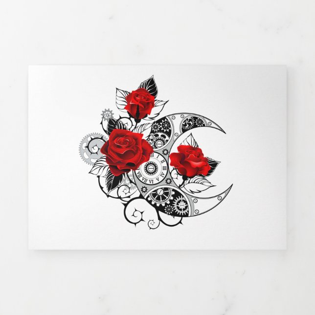 Mechanical Crescent with Red Roses Tri-Fold Invitation (Cover)