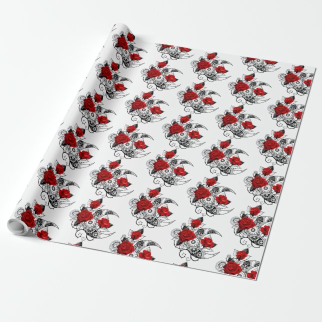 Mechanical Crescent with Red Roses Wrapping Paper (Unrolled)