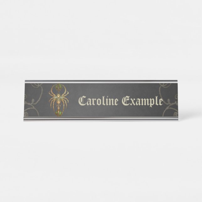 Mechanical elegance, the spider in the dark.  desk name plate (Front)