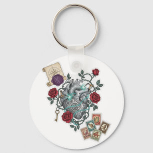 Mechanical Heart with Roses – Vintage Surreal Art Key Ring