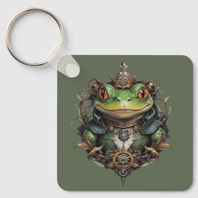 "Mechanical Leap: The Steampunk Green Frog" Key Ring (Front)