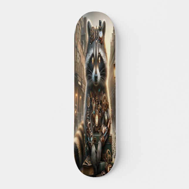 "Mechanical Marvel: The Steampunk Racoon  Skateboard (Front)
