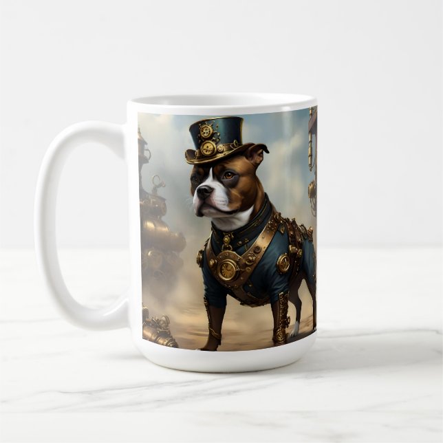 Mechanical Paws: Steampunk Staffordshire Terrier Coffee Mug (Left)