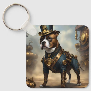 Mechanical Paws: Steampunk Staffordshire Terrier Key Ring