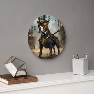 Mechanical Paws: Steampunk Staffordshire Terrier Large Clock