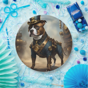 Mechanical Paws: Steampunk Staffordshire Terrier Paper Plate