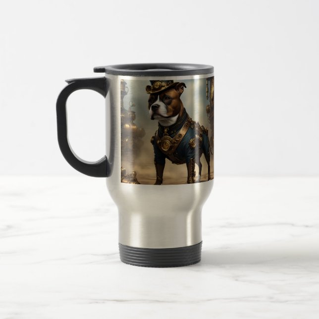 Mechanical Paws: Steampunk Staffordshire Terrier Travel Mug (Left)