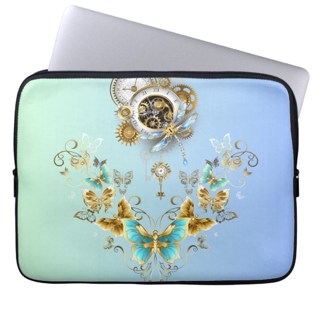 Mechanical Serenity – Teal Steampunk Design Laptop Sleeve (Front)