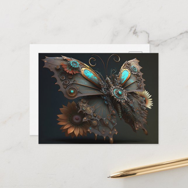 Mechanical Steampunk Flowers Butterfly Postcard (Front/Back In Situ)