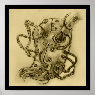 Mechanical Stomach Anatomy Steampunk Print Drawing