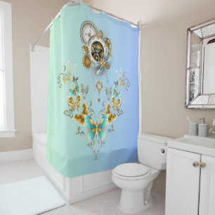 Mechanical Tranquility: Teal Steampunk Graphic Art Shower Curtain