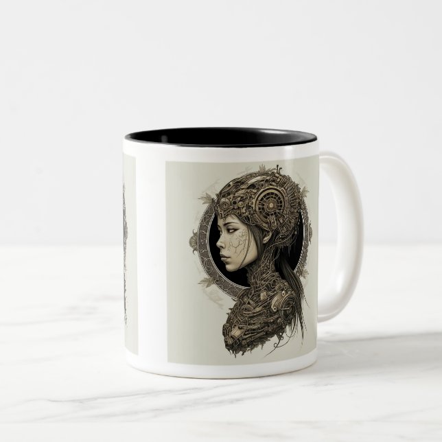 Mechanical Woman Two-Tone Mug, 11 oz  Two-Tone Coffee Mug (Front Right)