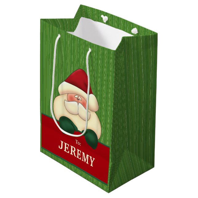 MED Green Stripes with Festive Santa Medium Gift Bag (Front Angled)