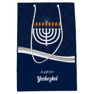 MED Modern Blue and White Hanukkah Custom Name Medium Gift Bag
