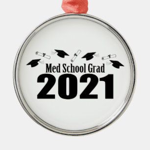 Med School Grad 2021 Caps And Diplomas (Black) Metal Ornament