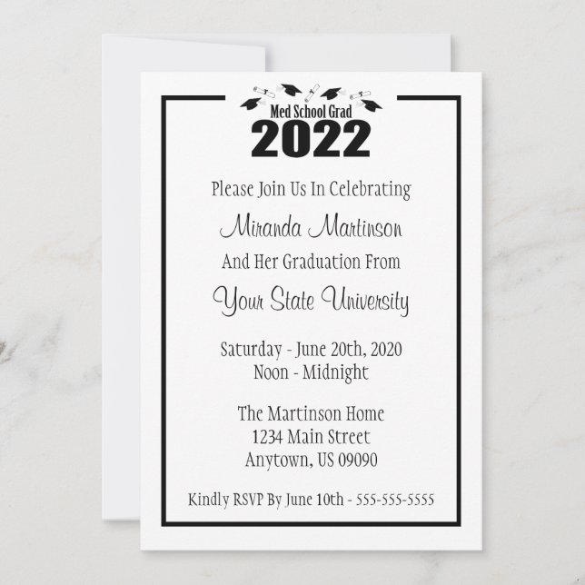 Med School Grad 2022 Graduation Invite (Black Cap) (Front)