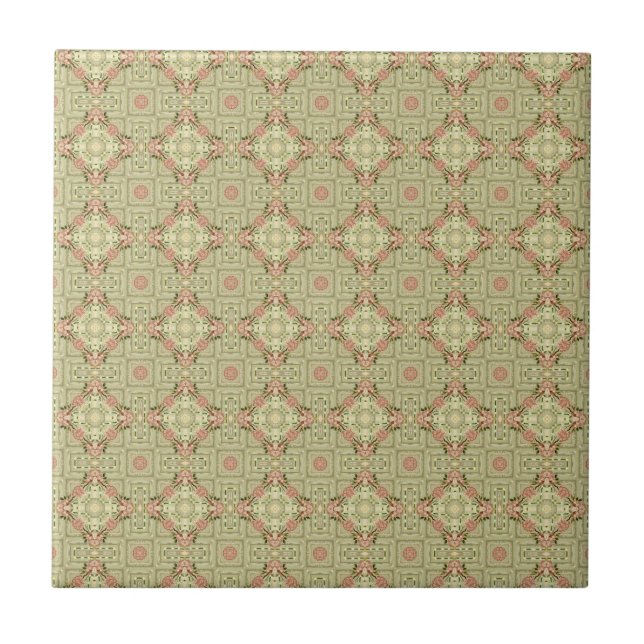 Medalliion Green and Peach Botanical Ceramic Tile (Front)