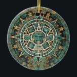 Medallion Coin Ornament, Ancient Aztec Calendar Ceramic Ornament<br><div class="desc">Medallion Coin Ornament,  Ancient Aztec Calendar,  historical Symbol in gold,  teal,  turquoise and black. Beautiful design. Native American Calendar Symbol Designs carved or etched and painted,  Round Coin Style. Black Sleek Modern styling. Check out the Beta Fish Tank Clock,  Magnets and tote bags are also available.</div>