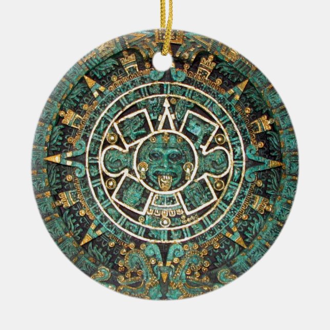 Medallion Coin Ornament, Ancient Aztec Calendar Ceramic Ornament (Front)