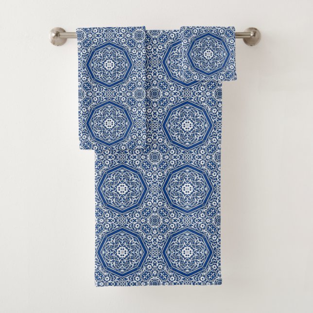 Medallion in Persian Tile Pattern - Blue and White Bath Towel Set (Insitu)