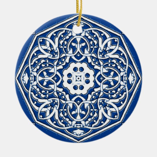 Medallion in Persian Tile Pattern - Blue and White Ceramic Ornament (Front)