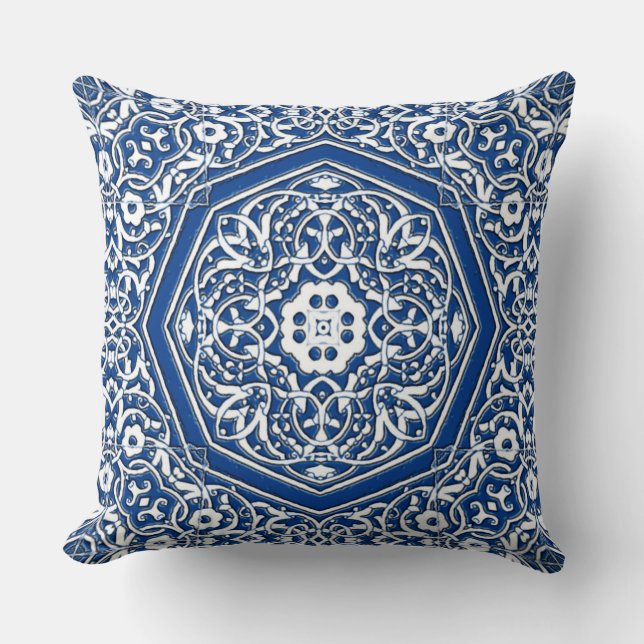 Medallion in Persian Tile Pattern - Blue and White Cushion (Front)