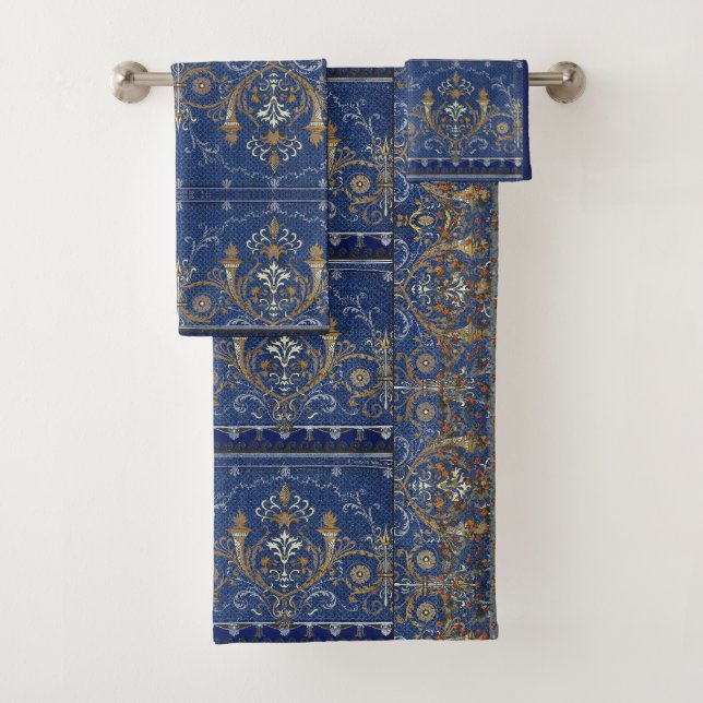 Medallions, Motifs Blue Gold Victorian Silver Bath Towel Set (Insitu)